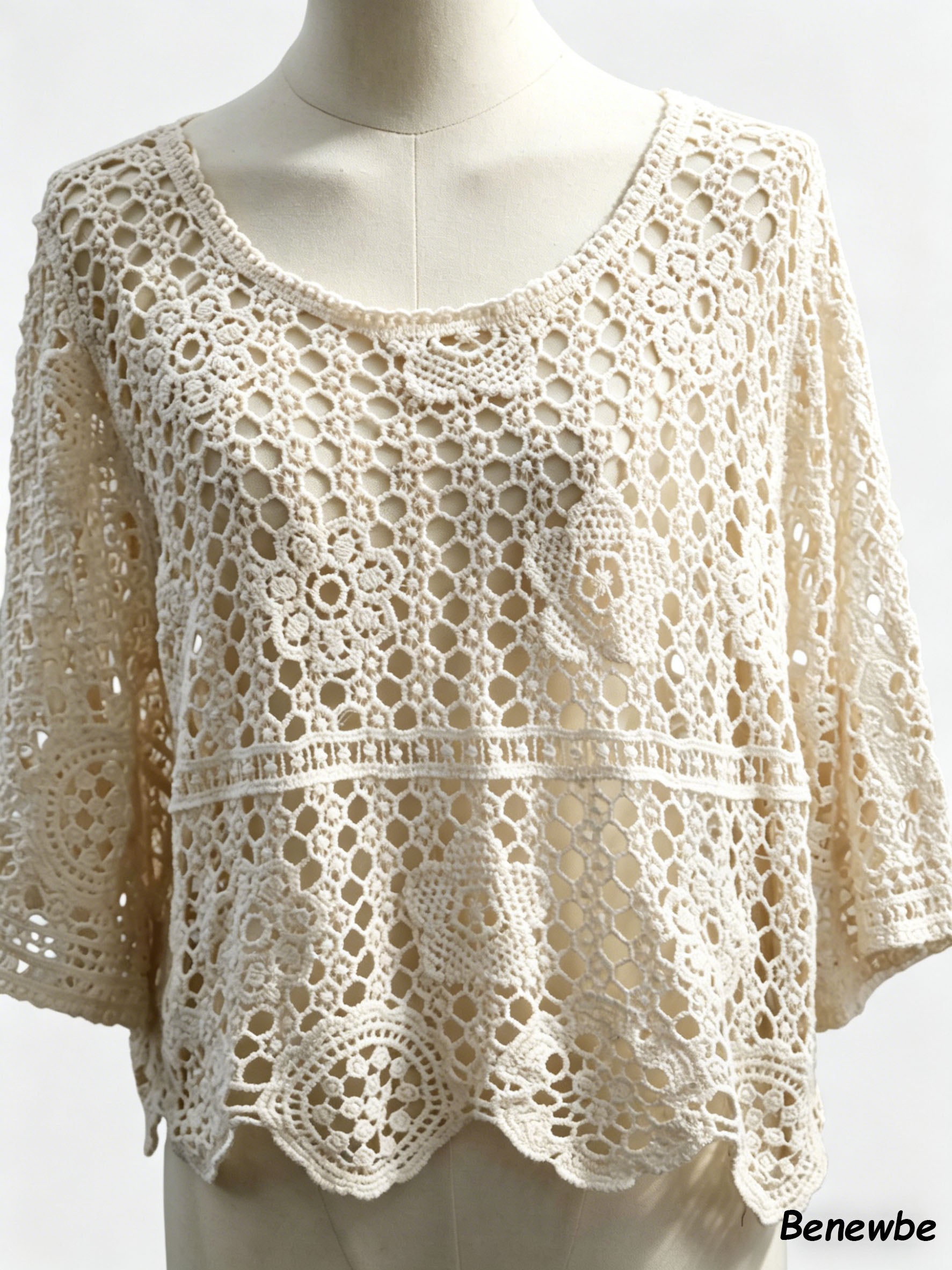 Women's 3D Crochet Hollow Knit Cover Up, Round Neck 3/4 Flare Sleeve Cropped Vacation Top